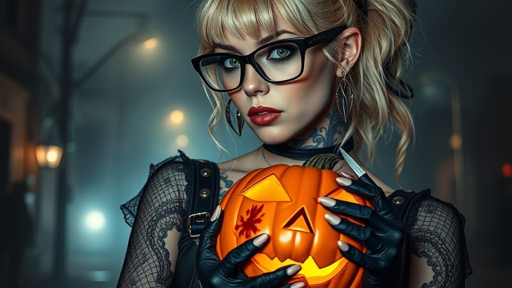 Gothic Woman with Jack-o'-Lantern, Horror Art