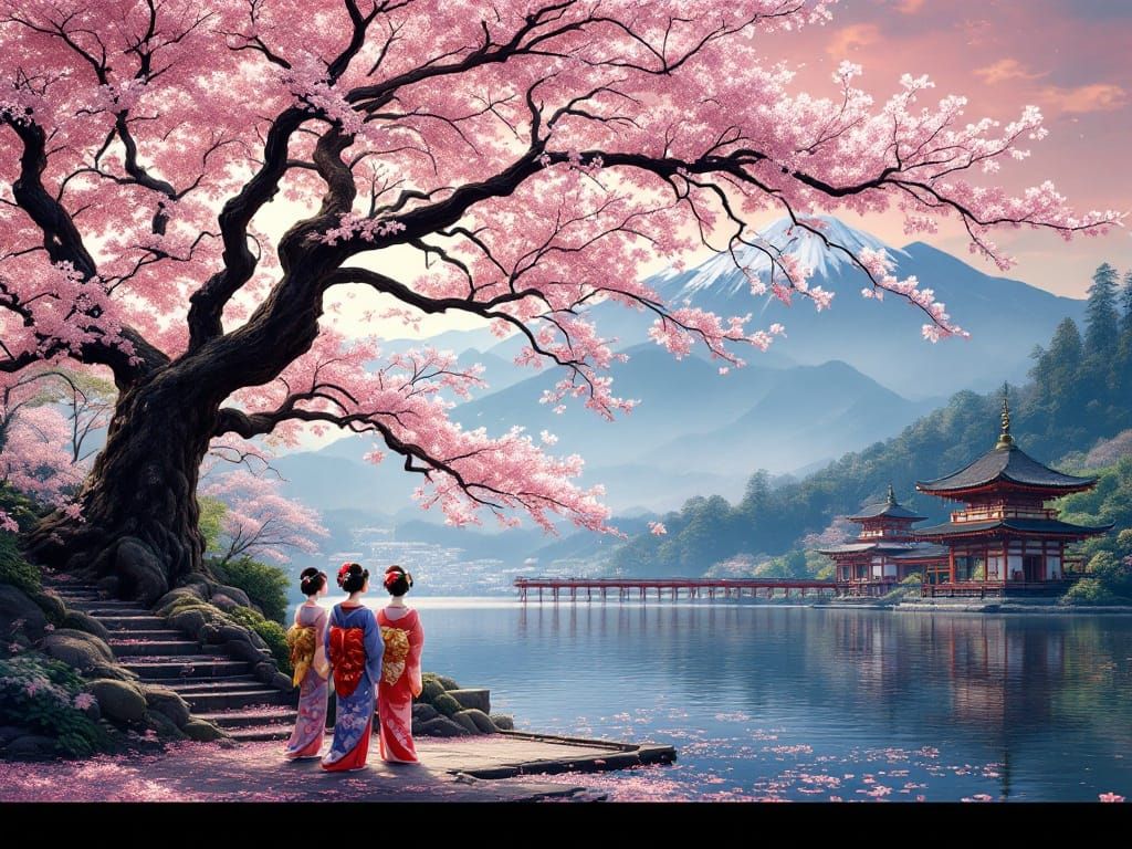 Ancient Sakura Tree with Geisha and Japanese Temples