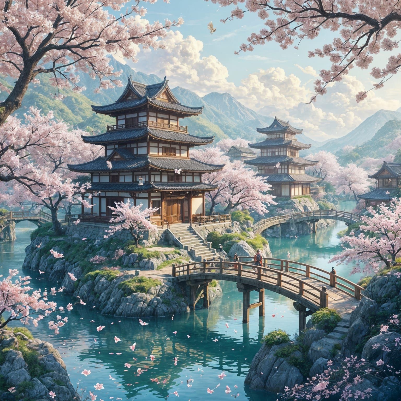 Serene Japanese Village on Floating Islands in Golden Hour