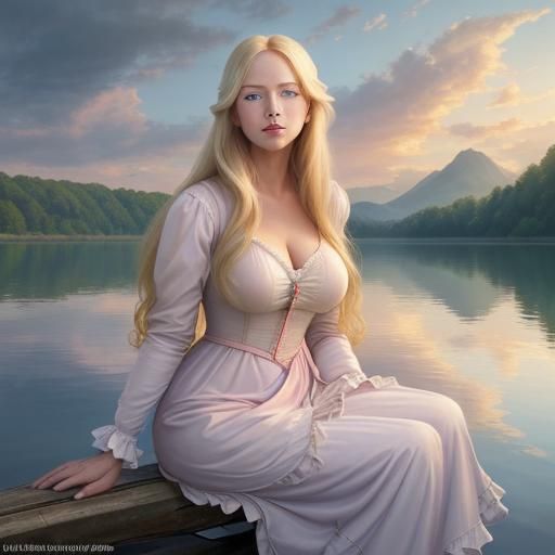 Woman with Blond Hair by Lake at Sunset