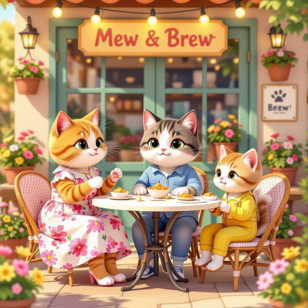 Charming Cat Cafe Scene in Pixar Animation Style
