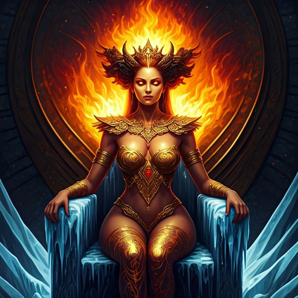 Fire Goddess on Ice Throne in Splash Art Style