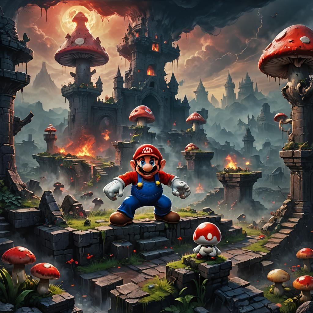 Demon Mario Overpowers Luigi in Dark Fantasy Art