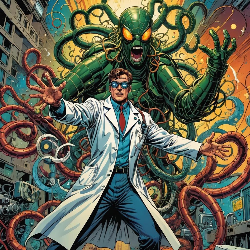 Marvel Comics villain Doctor Octopus, four mechanical arms, safety goggles, lab coat in the style of artist Jack Kirby, ...