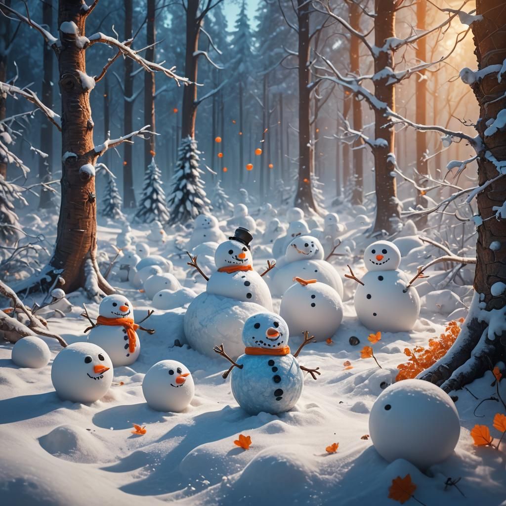 Snowmen Snowball Fight in Snowy Forest: Fantasy Art