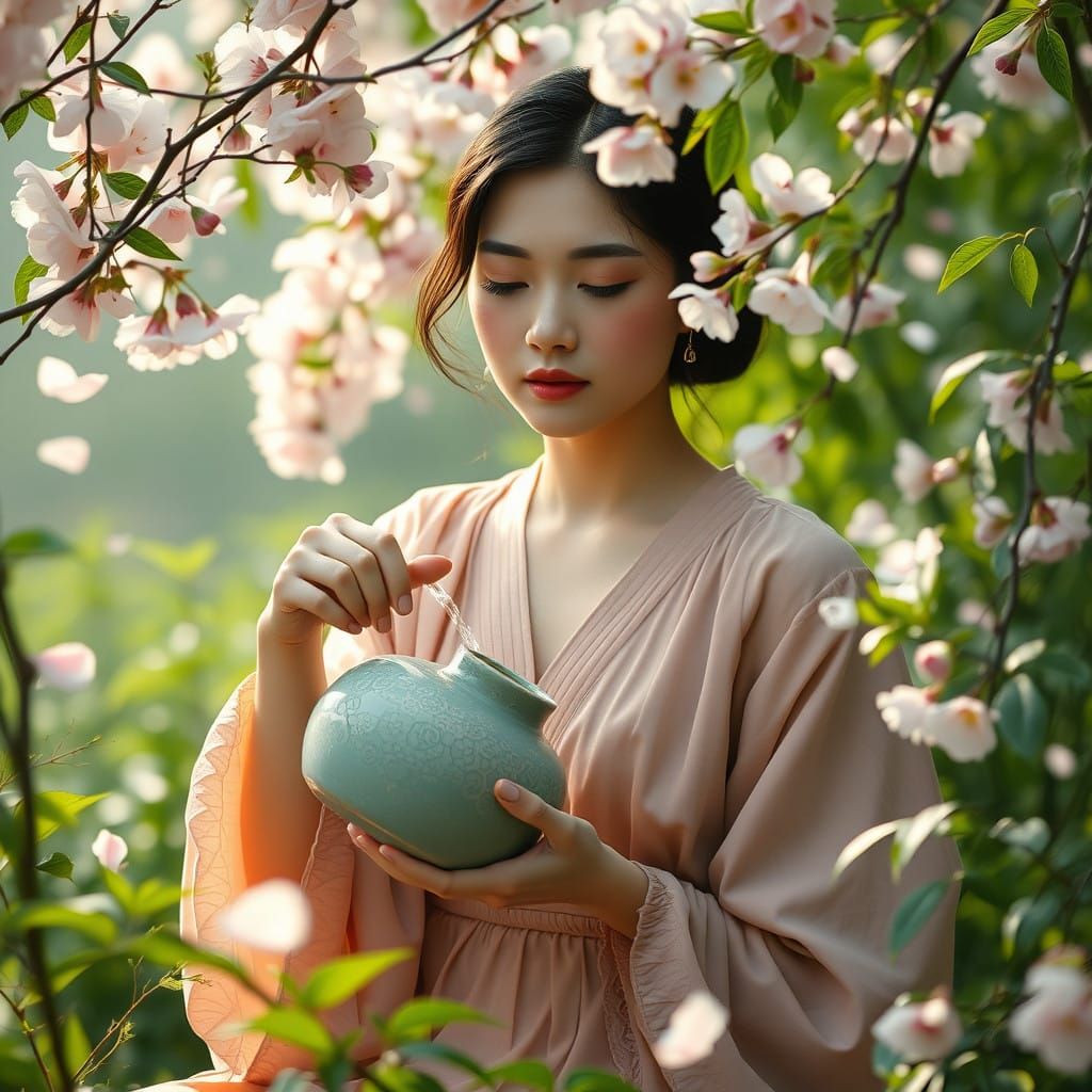 Serene Woman Surrounded by Cherry Blossoms in Lush Greenery