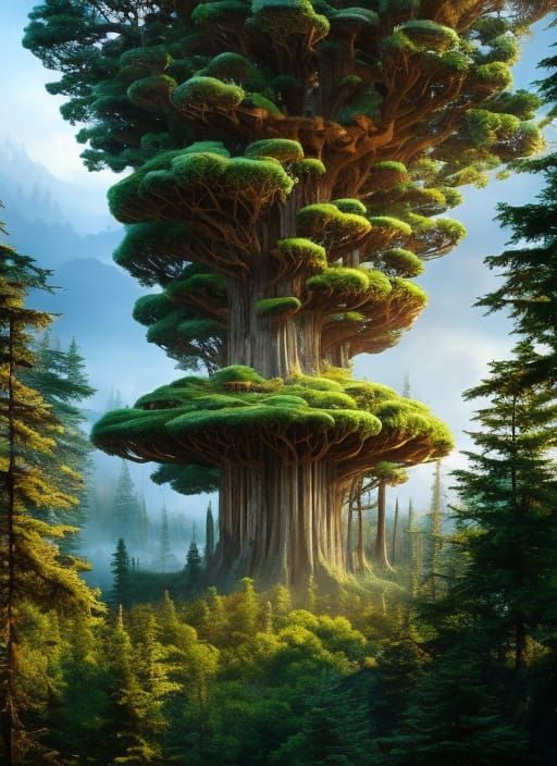 Giant Treehouse in Fantastical Forest, Digital Matte Paintin...