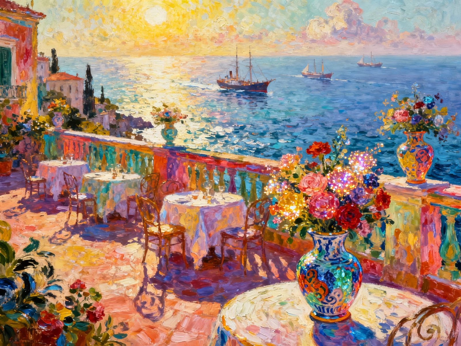 Sicilian Seaside Cafe in Impressionist Style