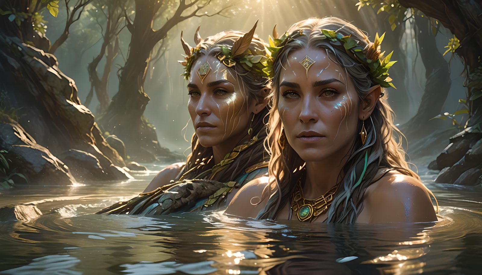 Female Druid Bathing in Sacred Well Portrait