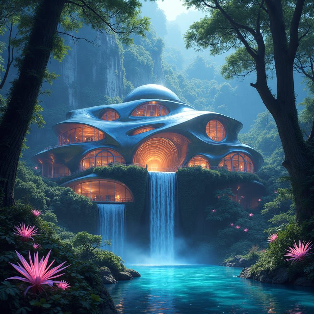 chrome synagogue nestled among the towering trees of a bioluminescent rainforest, with glowing flora and a gentle waterf...