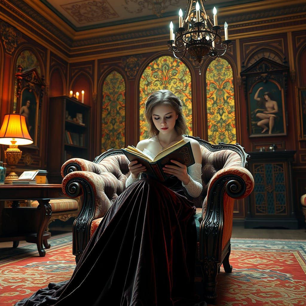 Gothic Woman Lost in Luxurious Literature