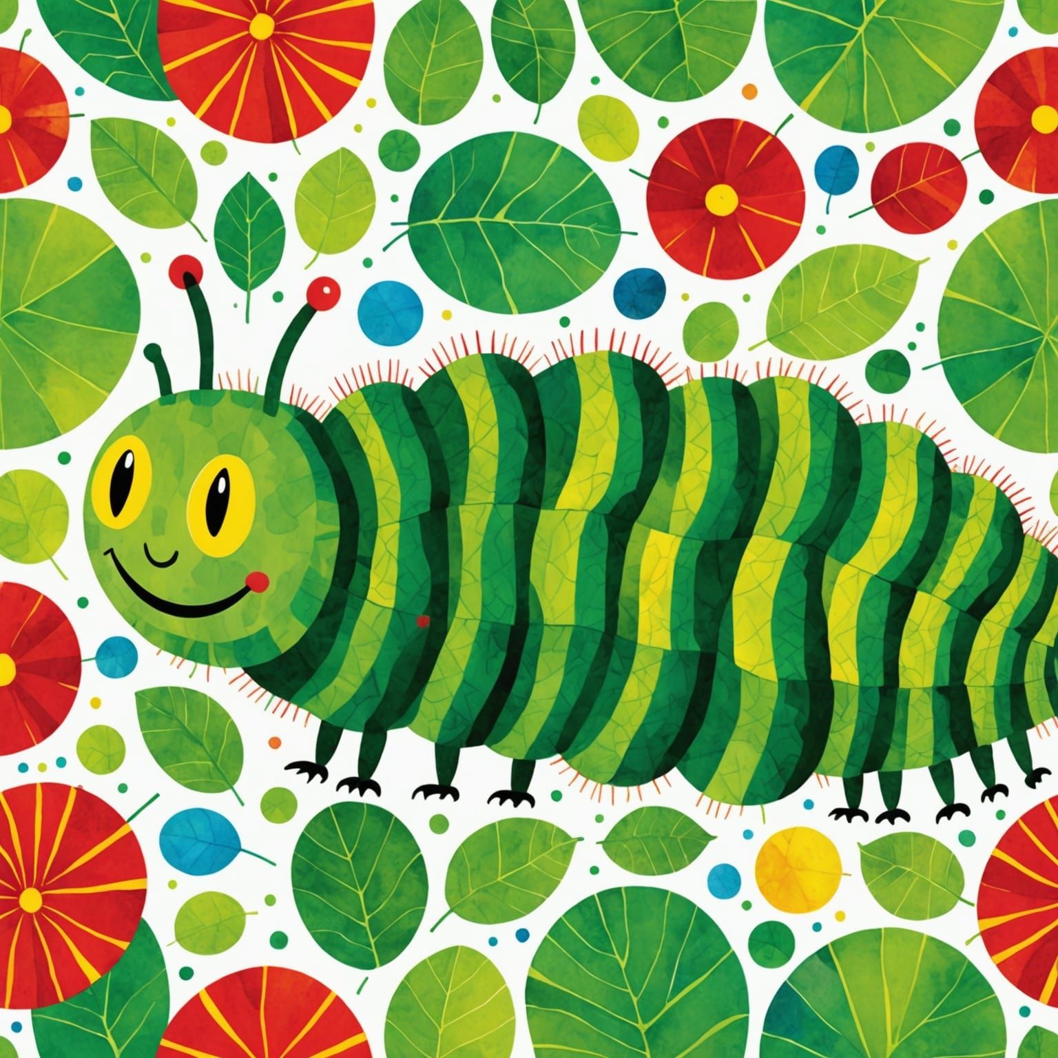Cheerful Caterpillar in Collage Style Bounces with Joy