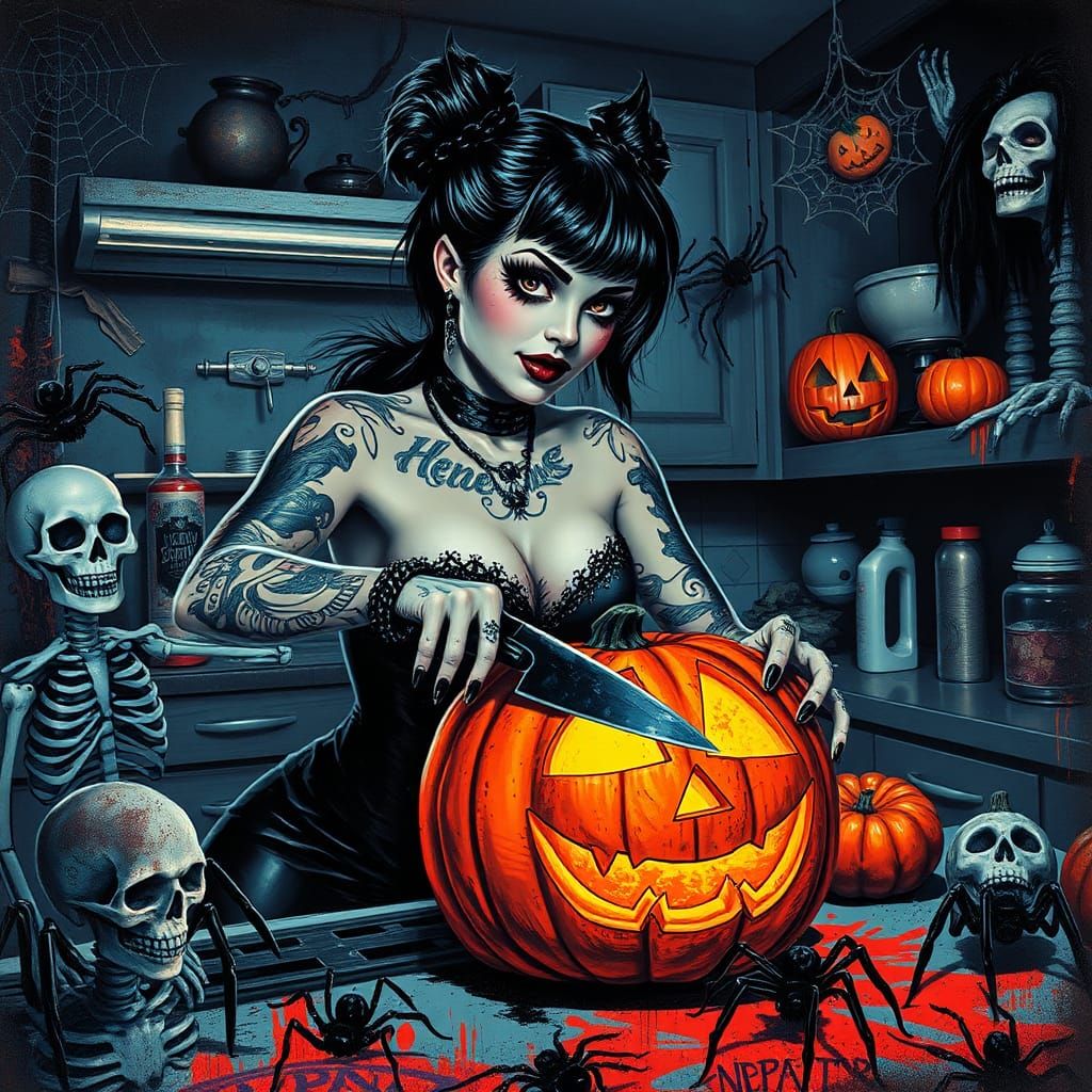 Goth Pin-Up Carving Pumpkin in Graffiti Art Style