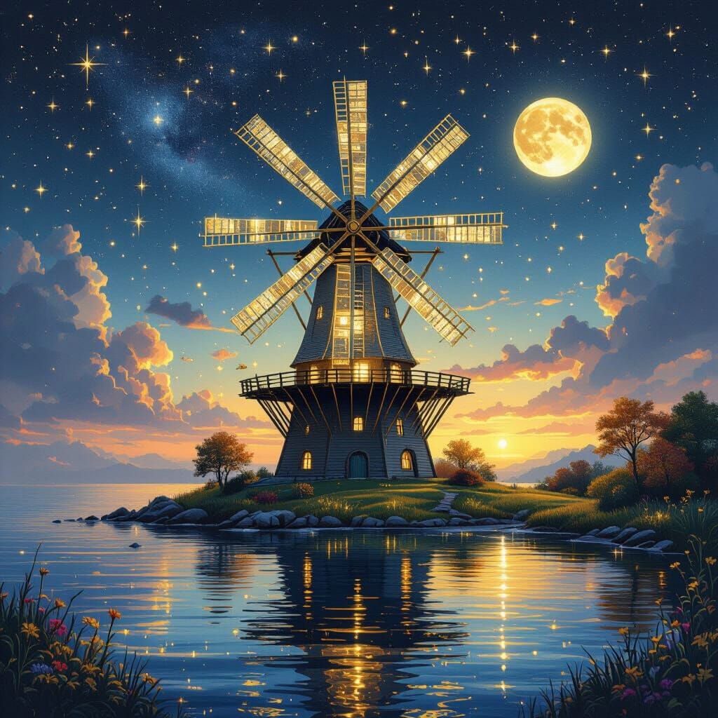 Golden Windmill on Island Under Starry Sky