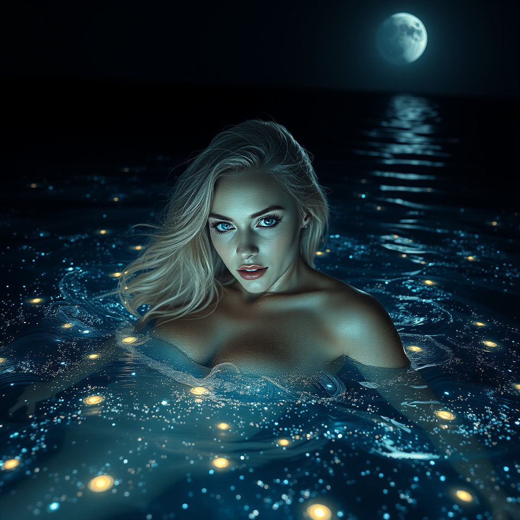 Bioluminescent Ocean Swim: Ethereal Woman in Dreamscape