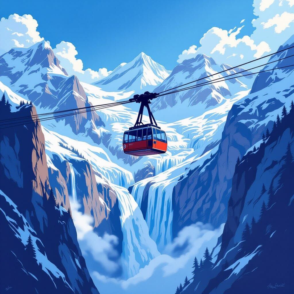 Vintage Swiss Cable Car Above Alpine Waterfall