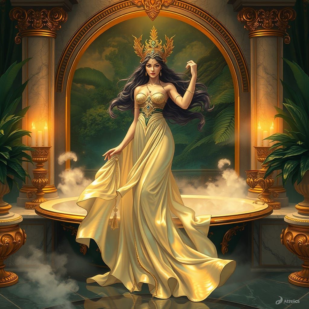 Golden Goddess Emerges from Majestic Bath in Epic Fantasy Il...