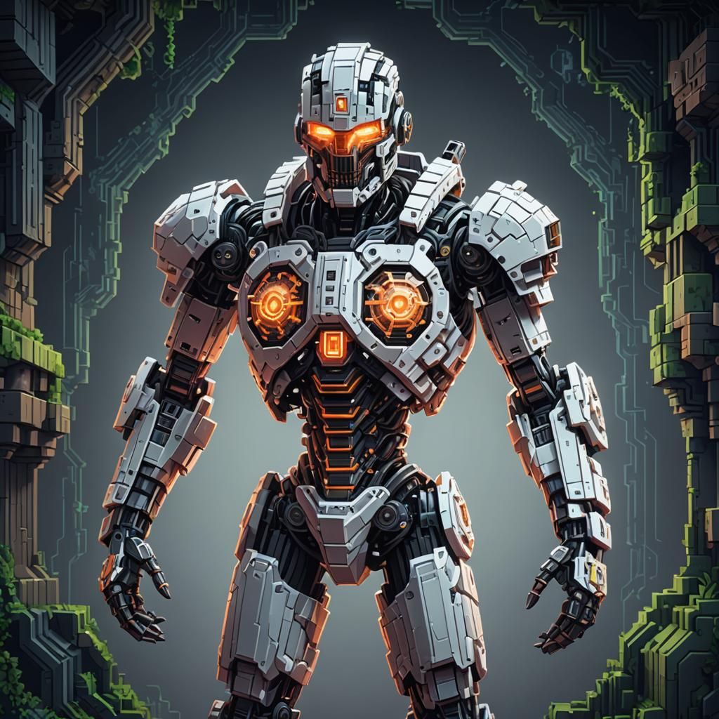 16-bit Pixel Art Fractal Cyborg in Minecraft Style