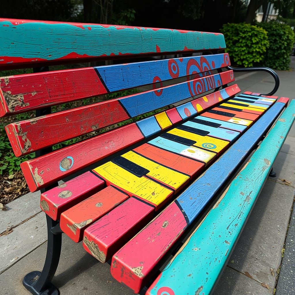 Whimsical Street Bench with Vibrant Piano Keys Art