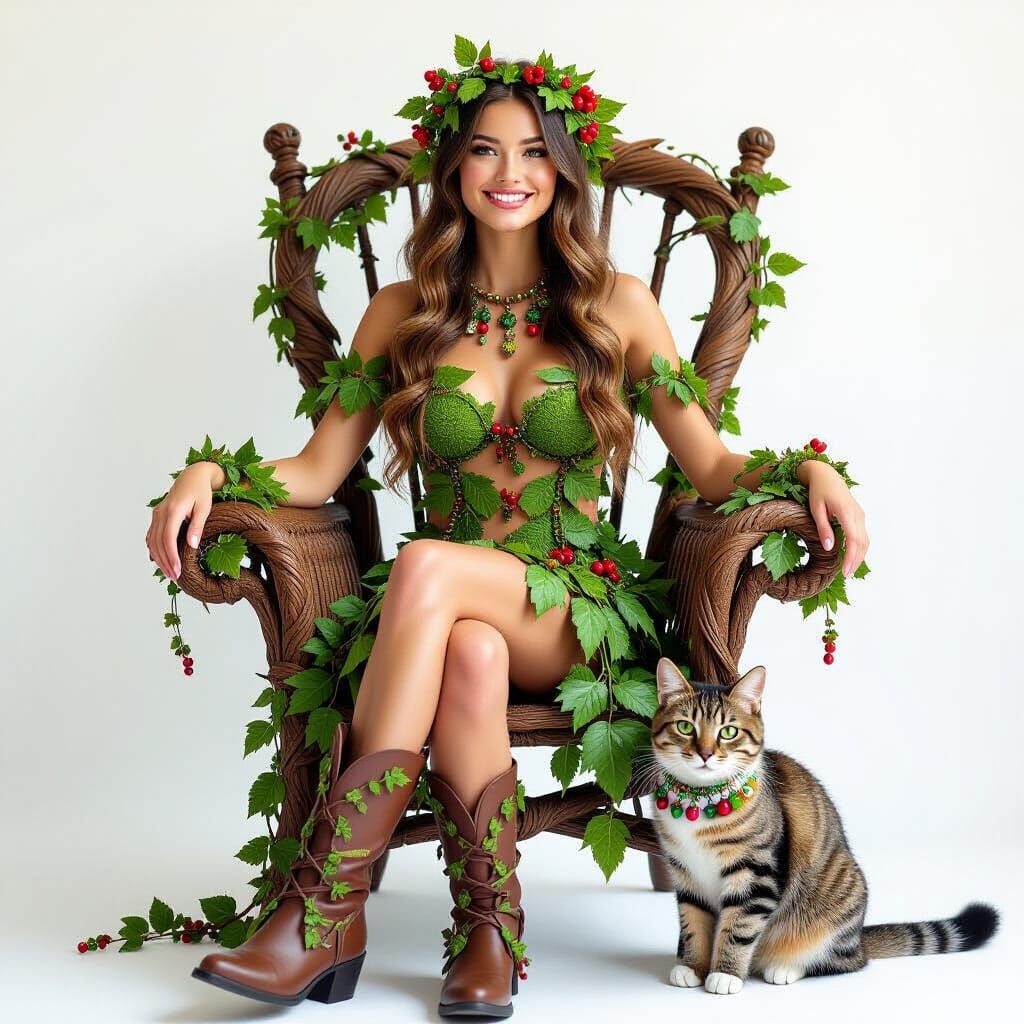 Young Lady in Nature Attire Sits on Tree Chair