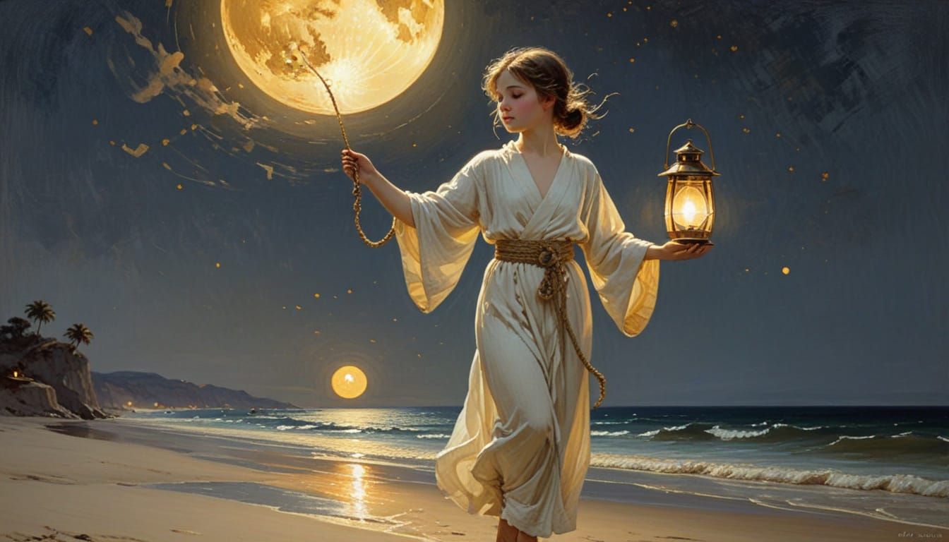 Girl With Lantern Under Moon, in Pre-Raphaelite Style