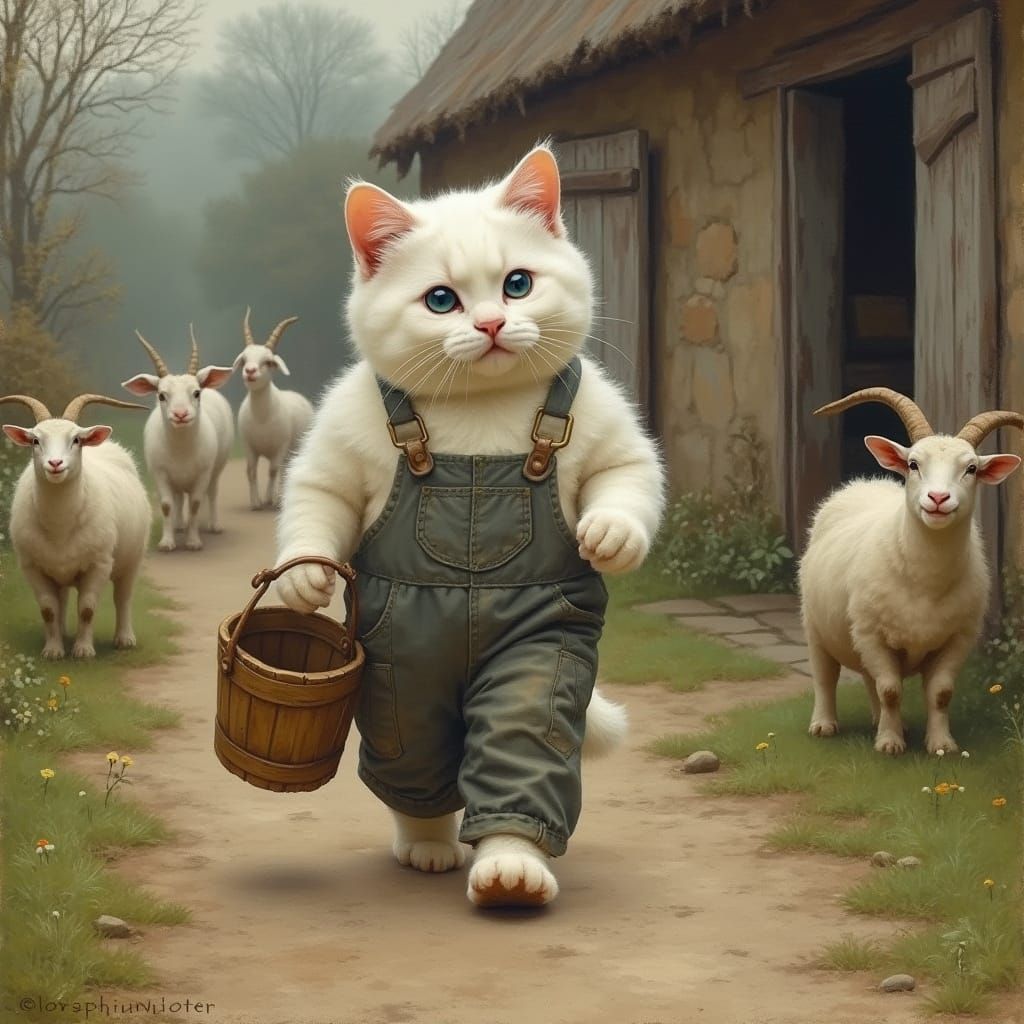 Cat Farmer at Dairy with Goats, Impressionistic Style