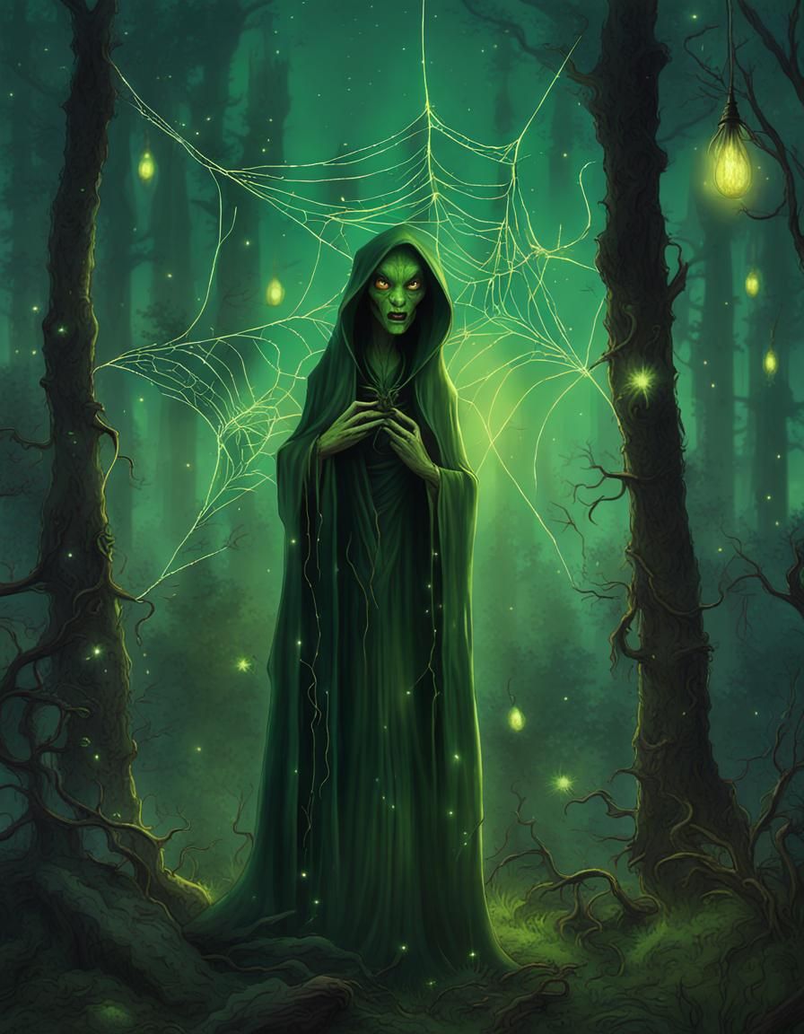 Creepy Green Witch in Forest at Dusk