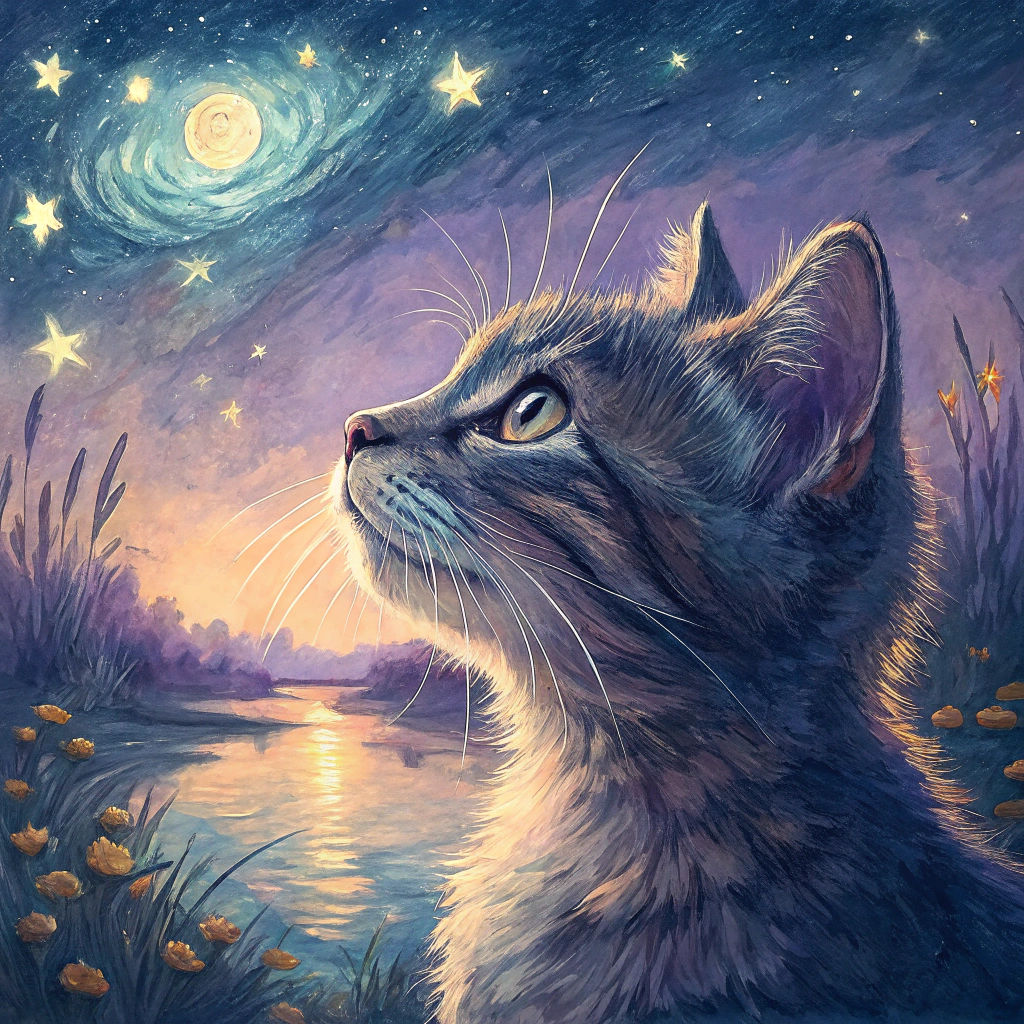 Whiskered Cat Gazing at Night Sky in Impressionist Style