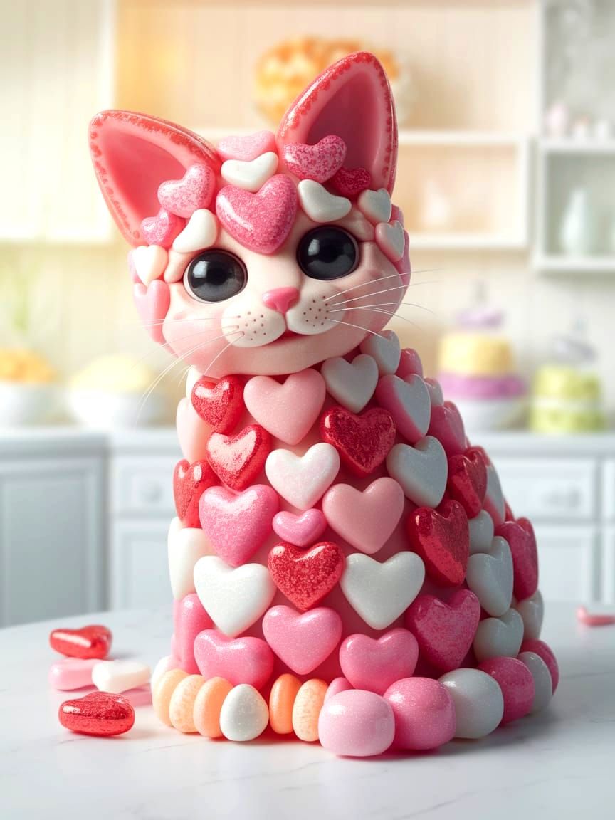 Candy Cat: A Heart-Shaped Confection in Pastel Kitchen