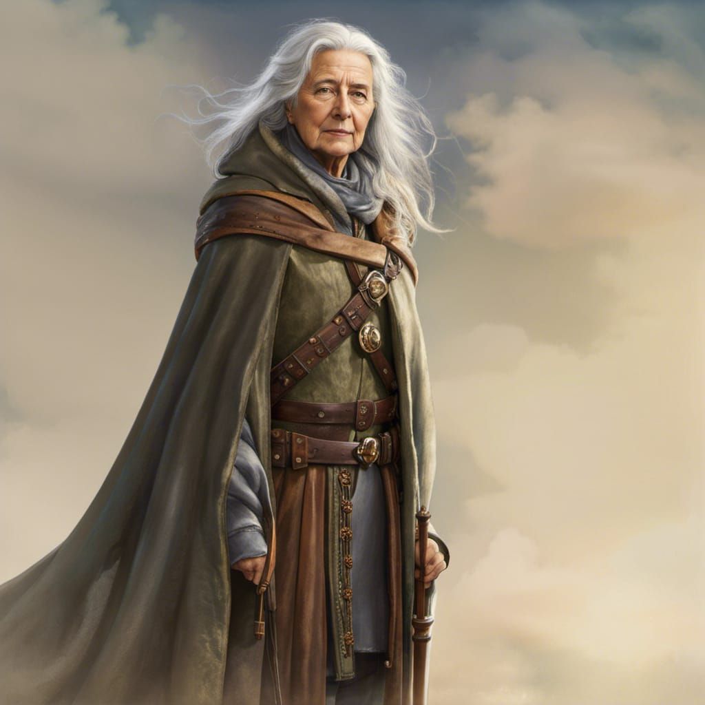 Elderly Woman in Medieval Fantasy, Watercolor Painting