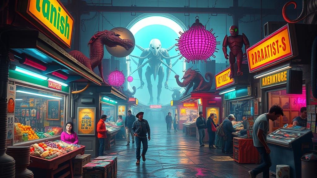 Vibrant Alien Market in Dystopian Future