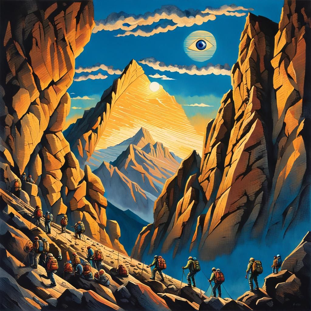 Mountain with Watchful Eye Overlooking Mountaineers