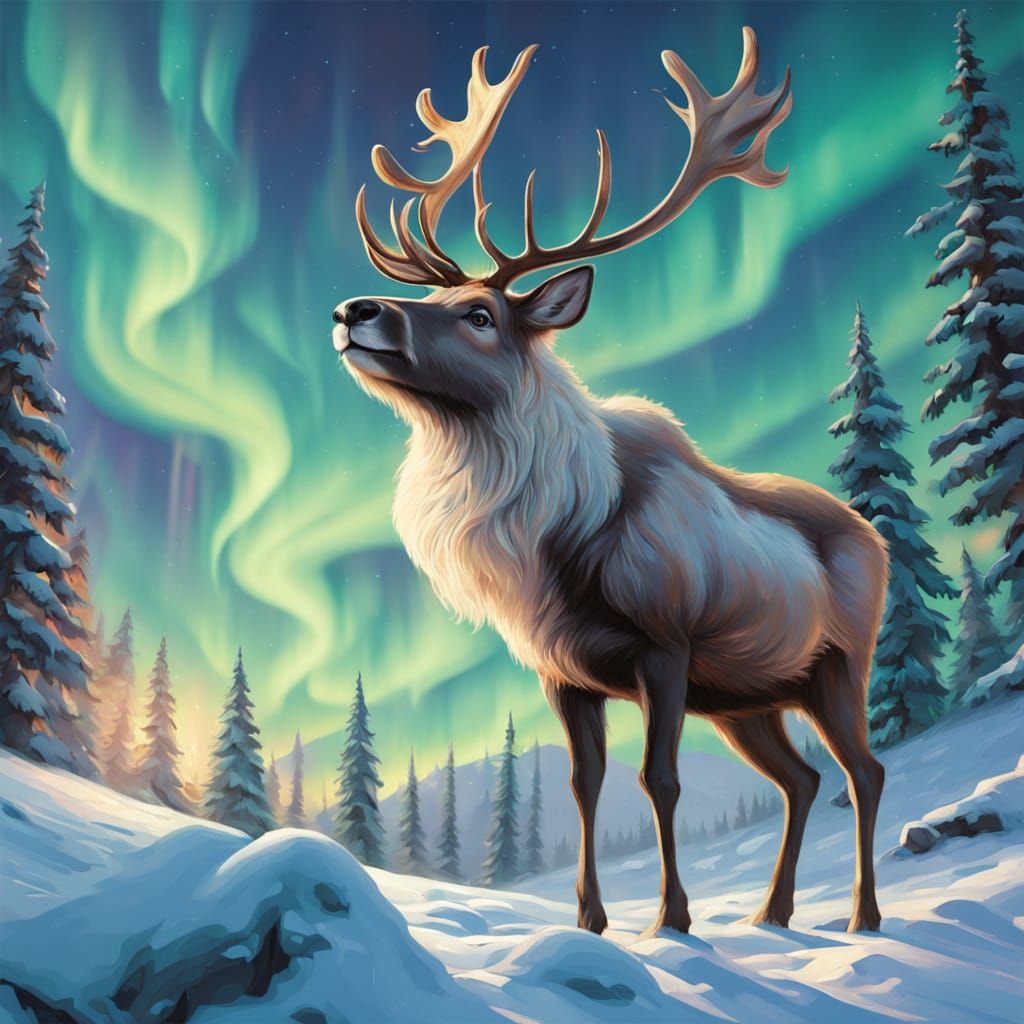 Majestic Reindeer Amidst Swirling Aurora Borealis in Golden ...