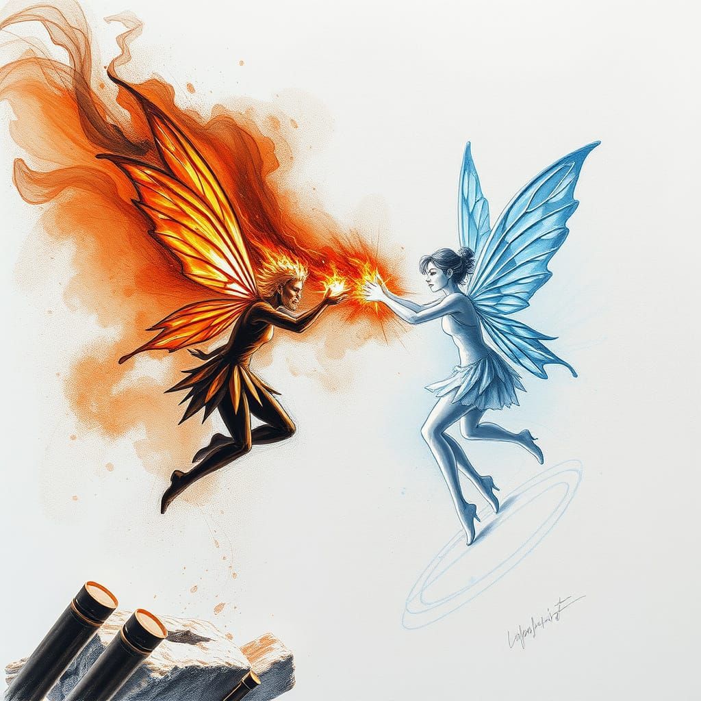 Dark vs Light Fairy Battle, Pencil Sketch Style