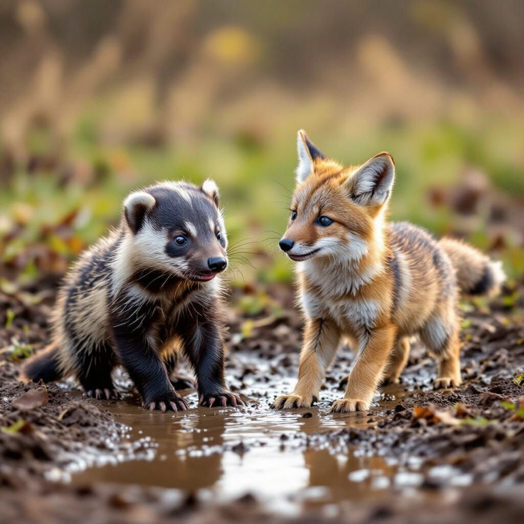 Baby Honey Badger and Coyote Playing in Mud