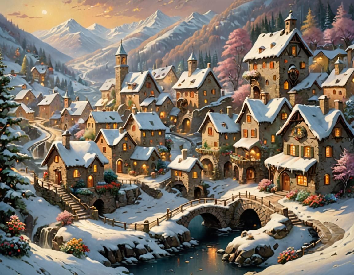 Snowy Italian Village with Stream in Dreamy Lighting