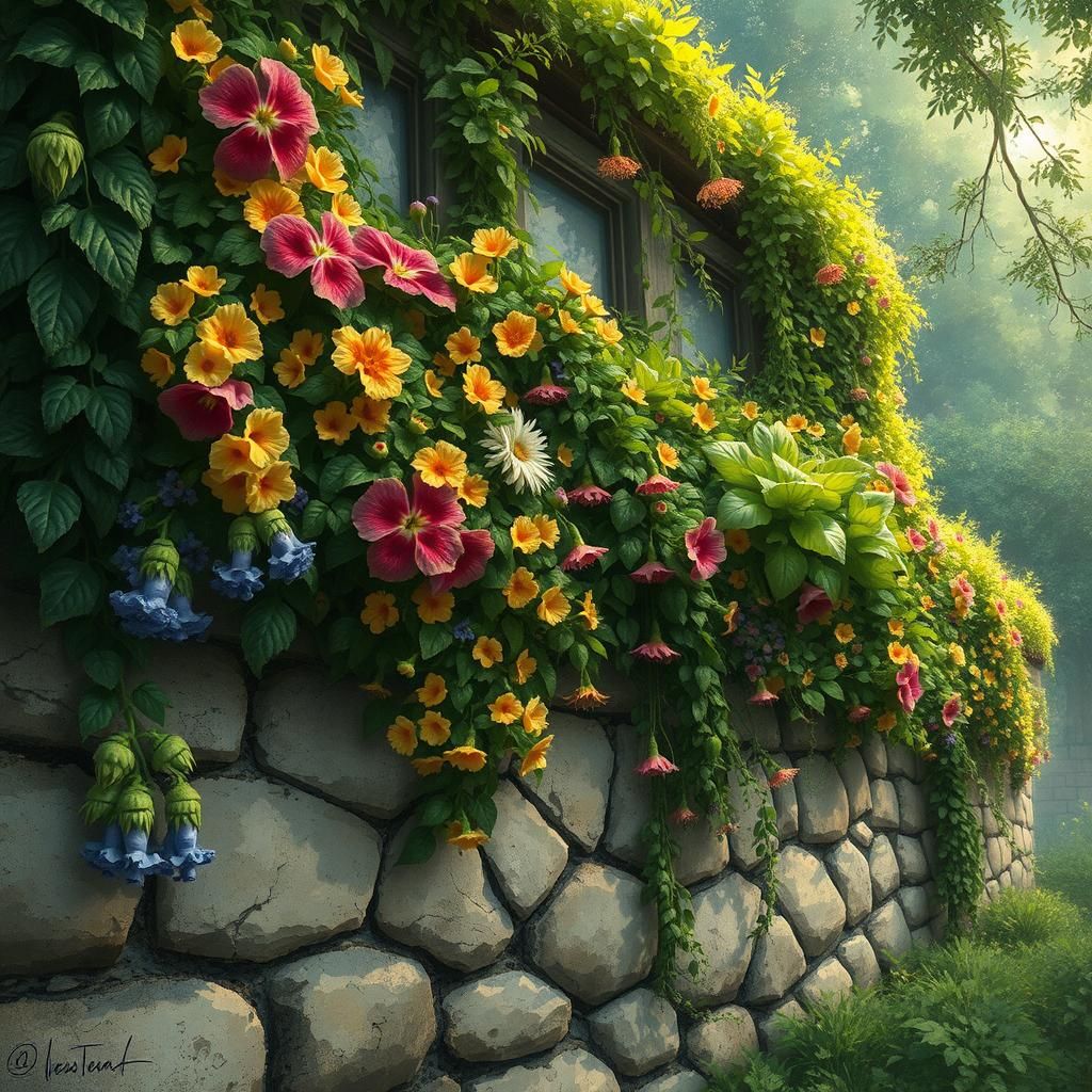 Lush Greenery and Blooms on Stone Wall