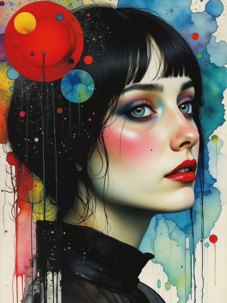 Gothic Despaircore Portrait in Watercolor Alcohol Ink Style