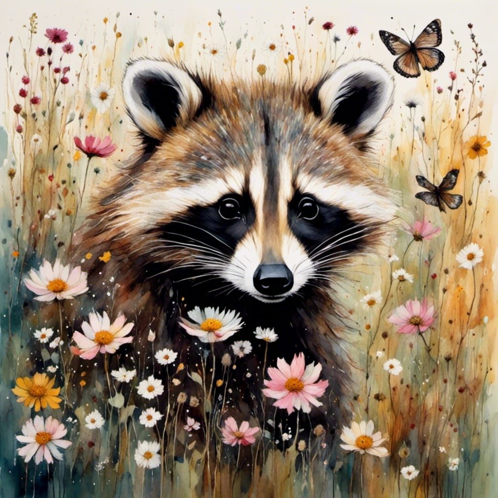 Raccoon in Cosmos Flowers, Watercolor Style