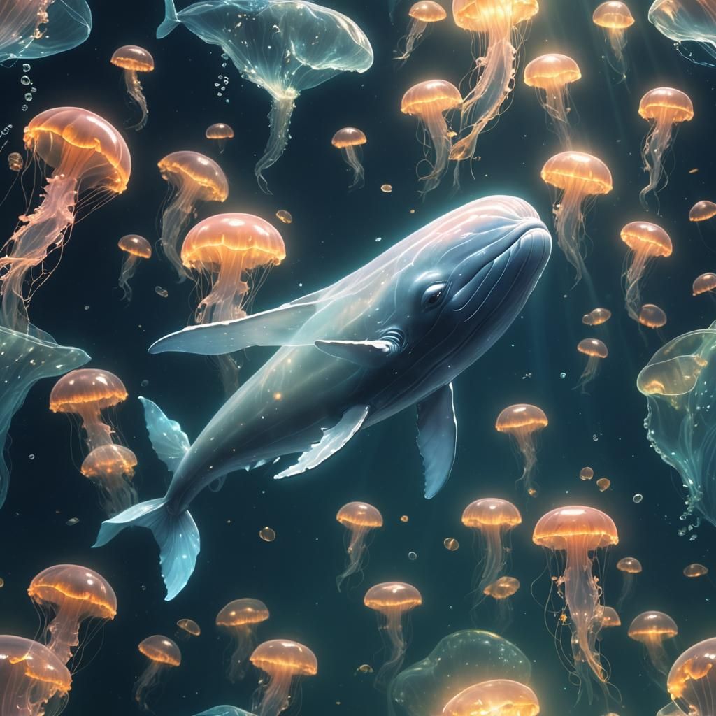Glowing Glass Whale in Bioluminescent Underwater Scene