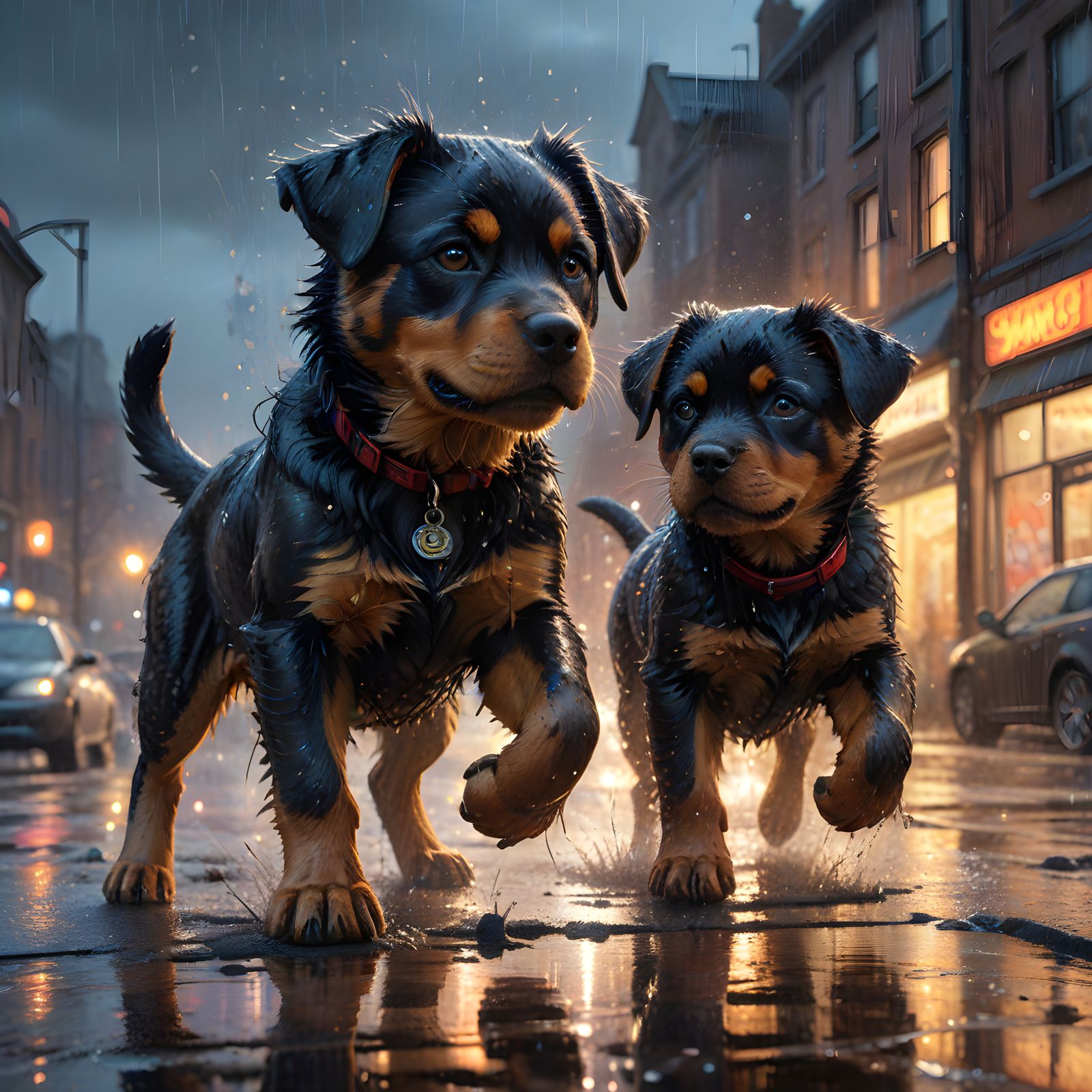 Vibrant Rainy Day Rottweiler Puppy Comic Book Art