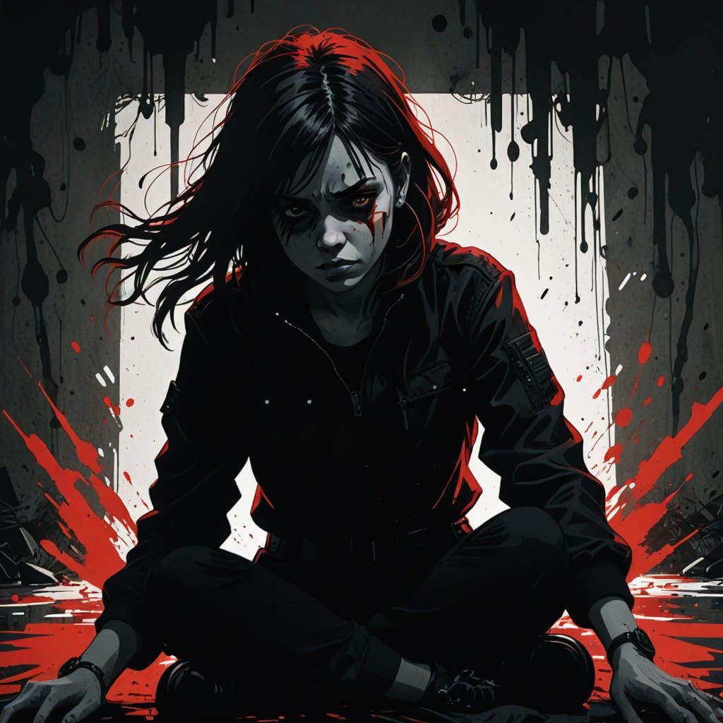 Tragic Teenage Girl Surrounded by Darkness and White Shadows