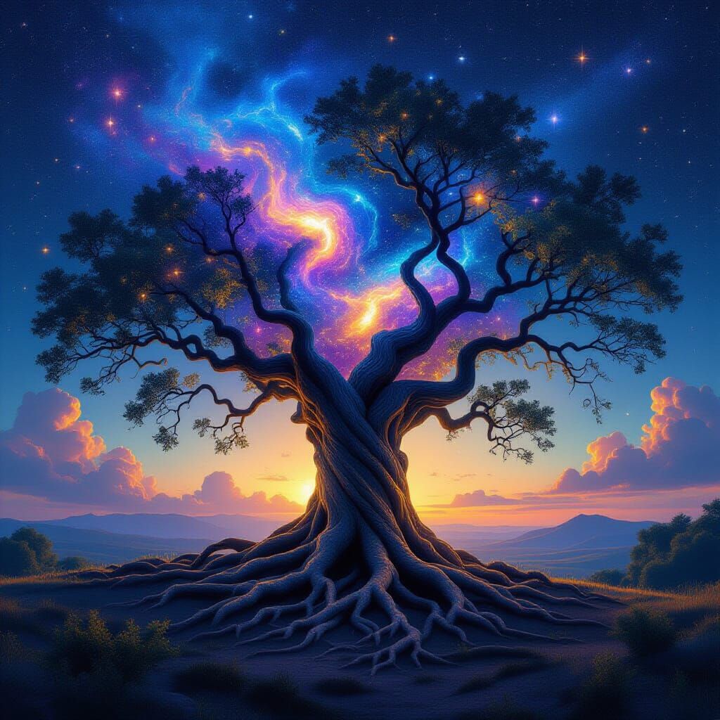 Celestial Tree: Nebulae Blooms in Surreal Dreamscape