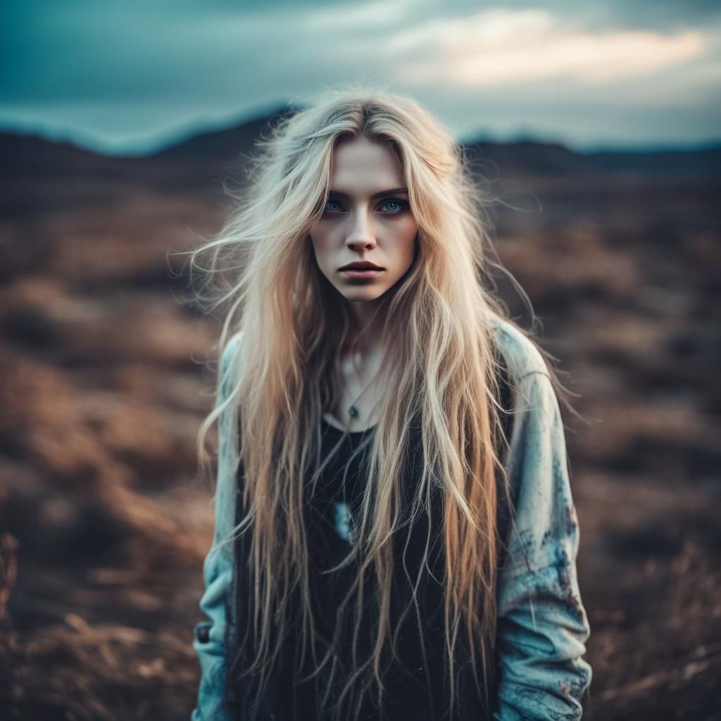 Mysterious Girl in Apocalyptic Cosmic Landscape