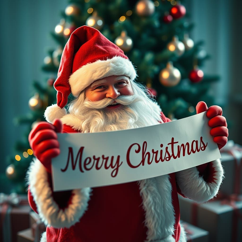 Hyper-Realistic Santa Claus with Merry Christmas Banner