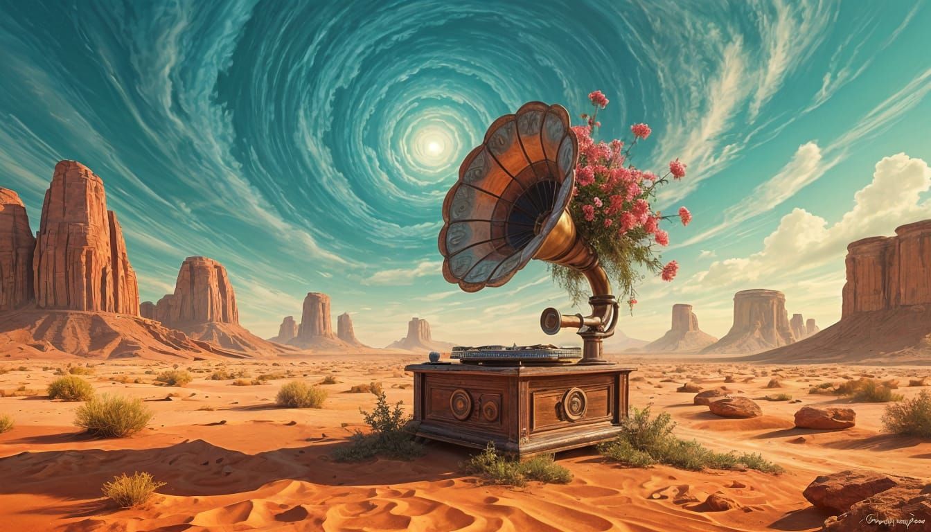 Alien Gramophone in Surreal Desert Landscape