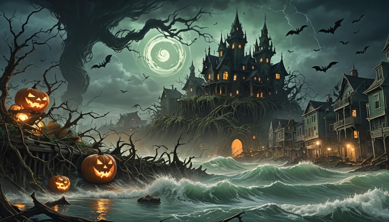 Dark Fantasy Landscape with Witch Hurricane