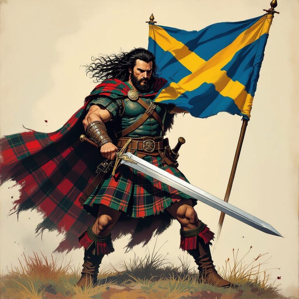 William Wallace with Scottish Flag in Cinematic Style