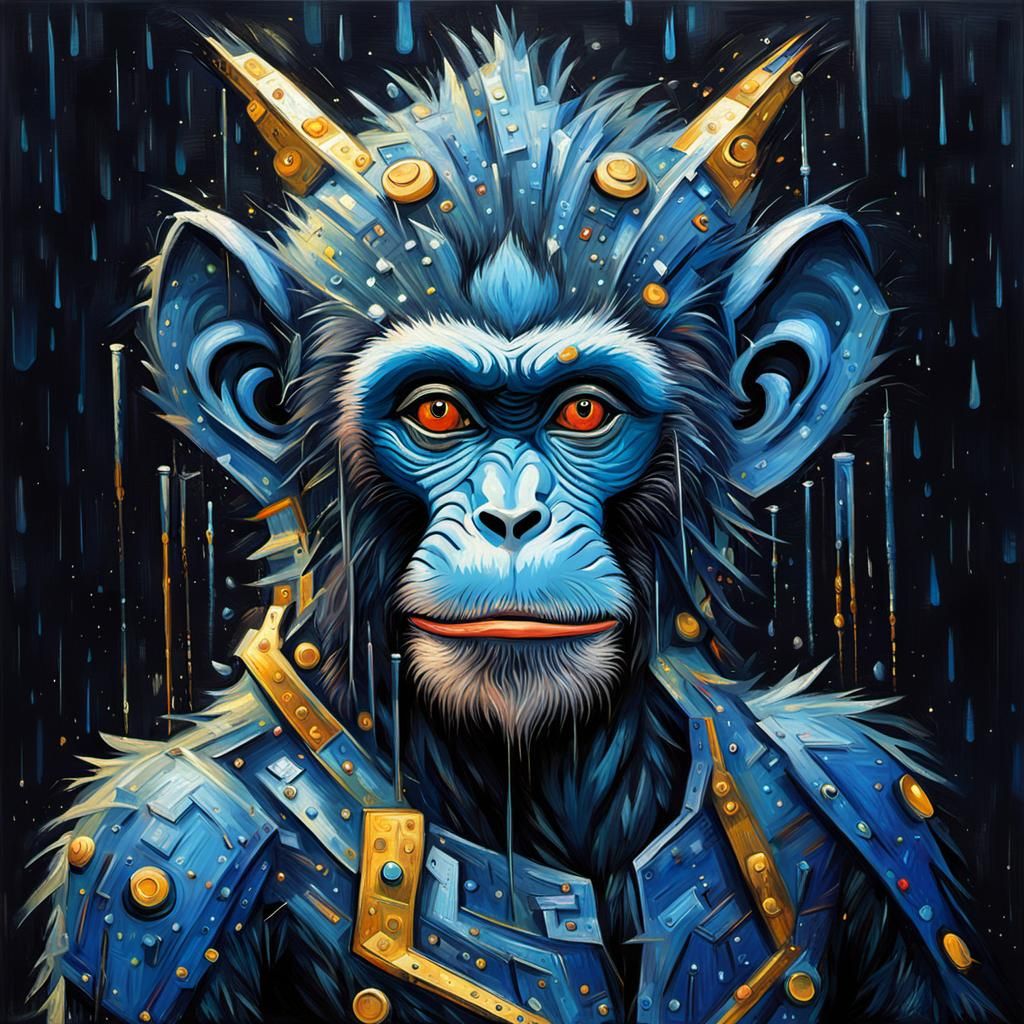Stunning Blue Cyborg Monkey Under Starry Rain