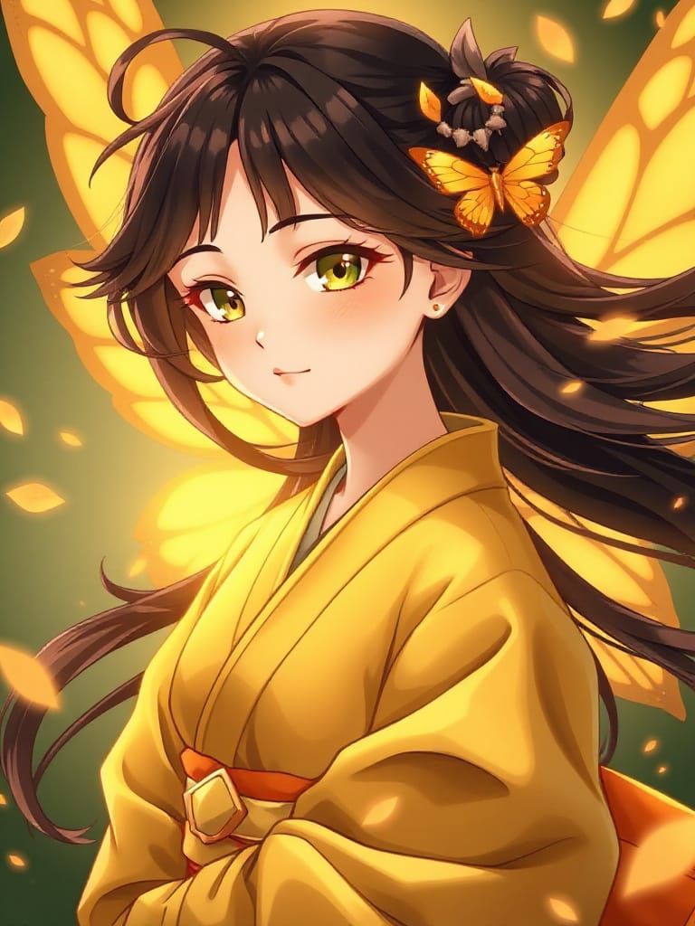 Golden Kimono Fairy with Butterfly Wings in Anime Style